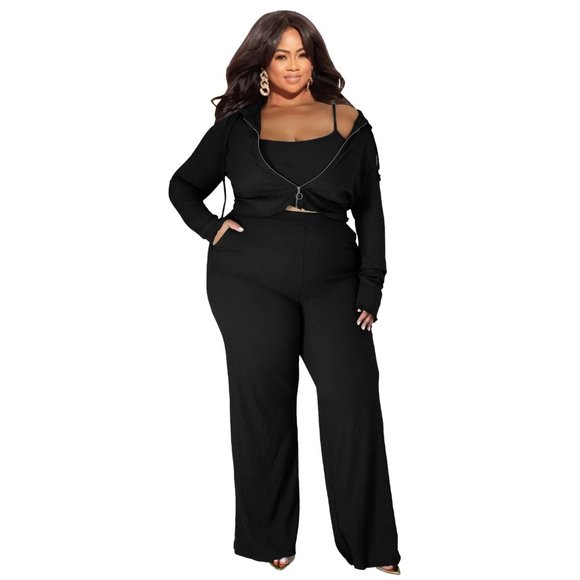 Plus Size Casual Solid Color Plus Size Pit Vest Jacket Pants Three-Piece Set - Picture 1 of 13